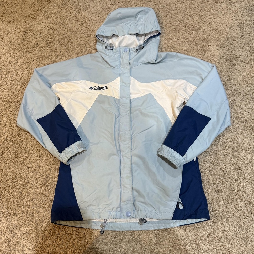 Columbia Jacket Womens Medium Light Blue White Navy Hooded Full Zip Interchange‎